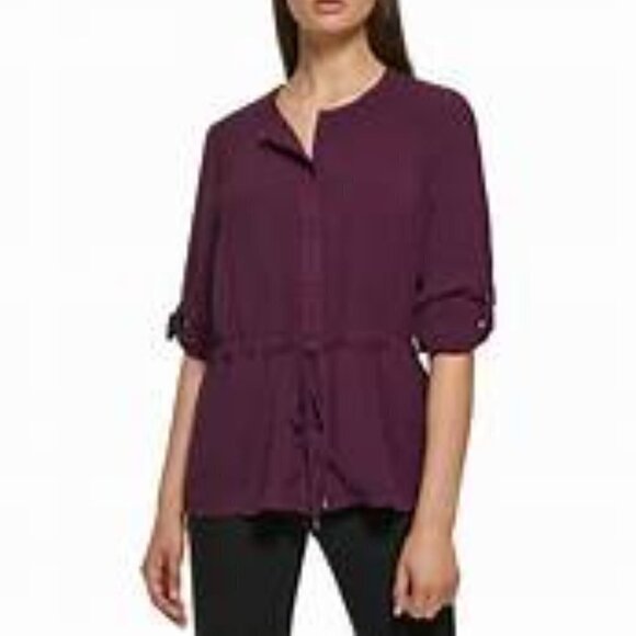Calvin Klein Burgundy button-down front w drawstring waist roll up slv blouse M - Picture 2 of 7